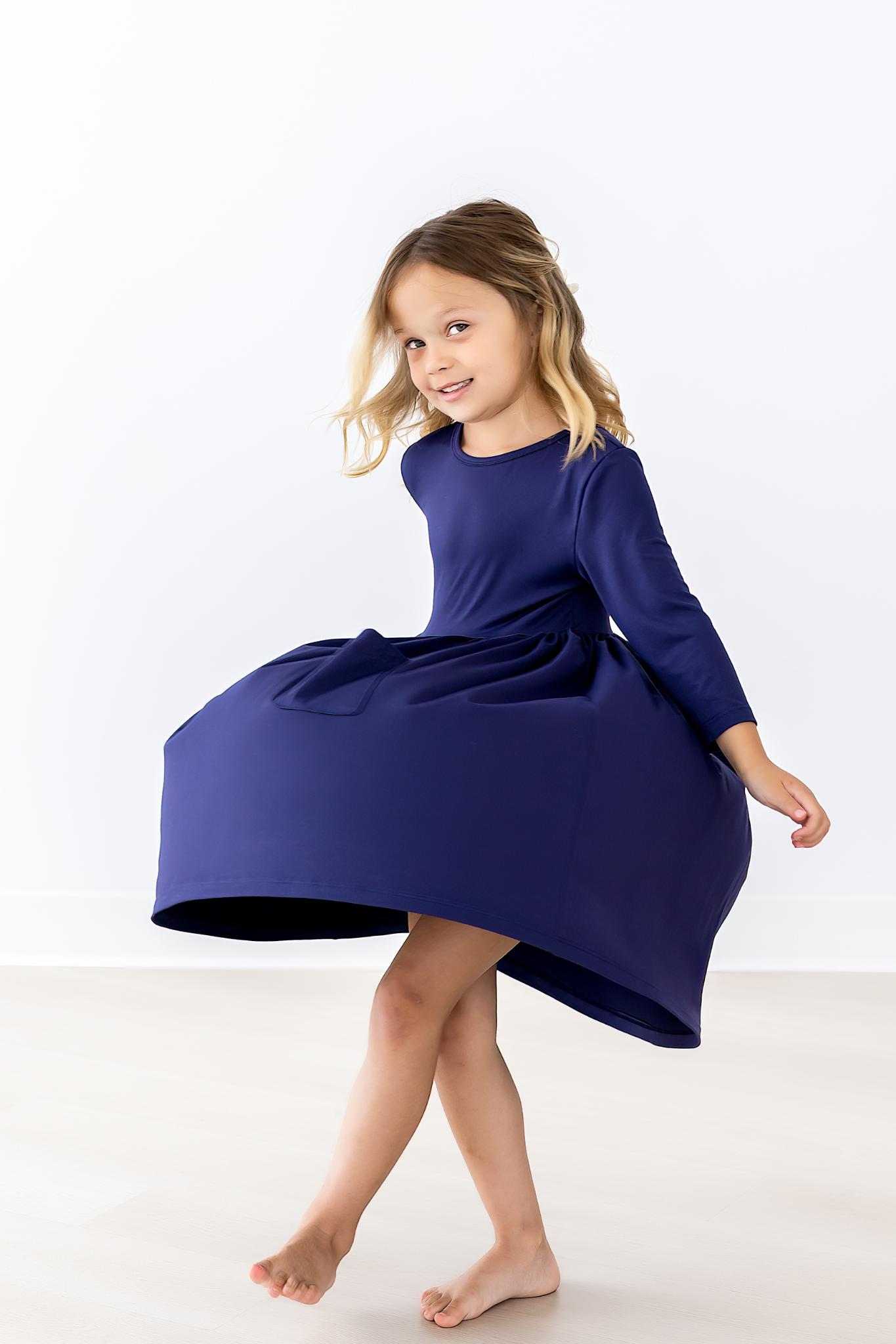 Navy 3/4 Pocket Twirl Dress-Mila & Rose ®