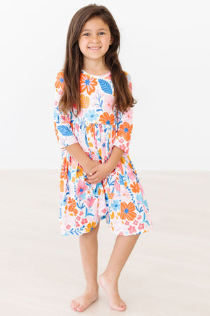 Colorful Carnations 3/4 Sleeve Pocket Twirl Dress-Mila & Rose ®