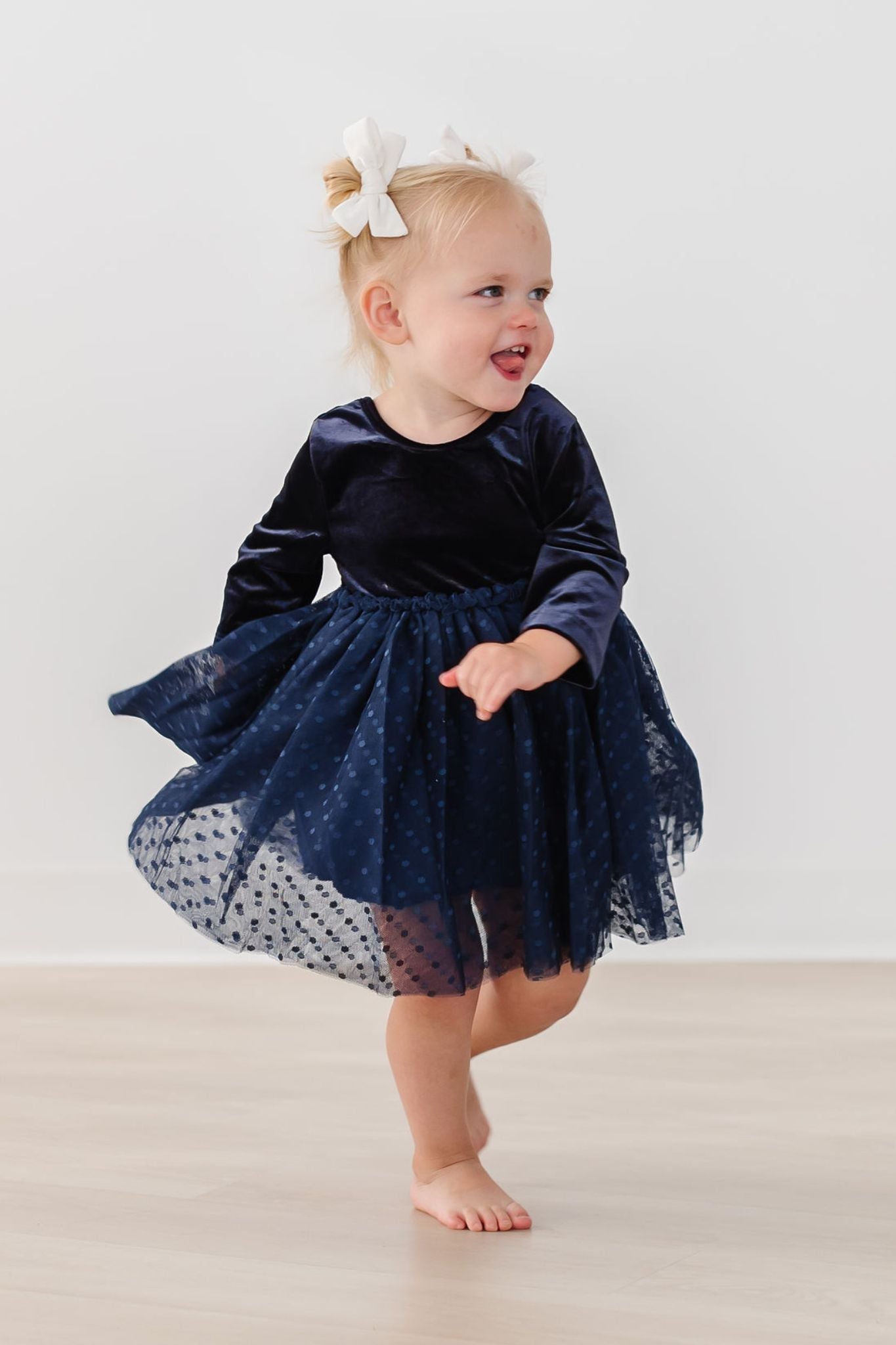 Navy Collared Velour Dress and Tights Outfit, Baby