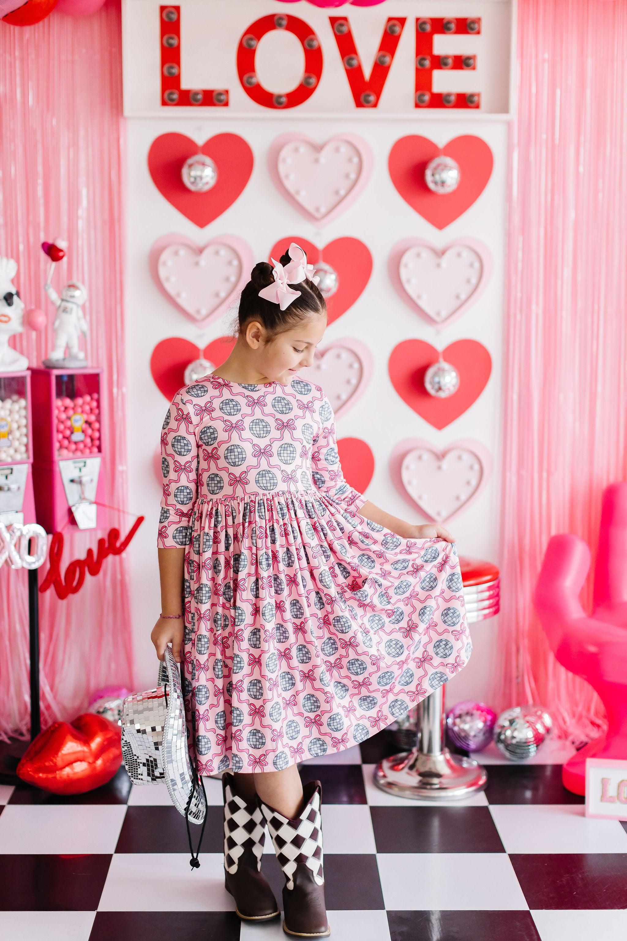 Disco Bows 3/4 Sleeve Pocket Twirl Dress-Mila & Rose ®
