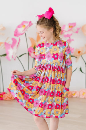 Wonderland Floral 3/4 Sleeve Pocket Twirl Dress-Mila & Rose ®