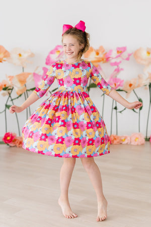 Wonderland Floral 3/4 Sleeve Pocket Twirl Dress-Mila & Rose ®