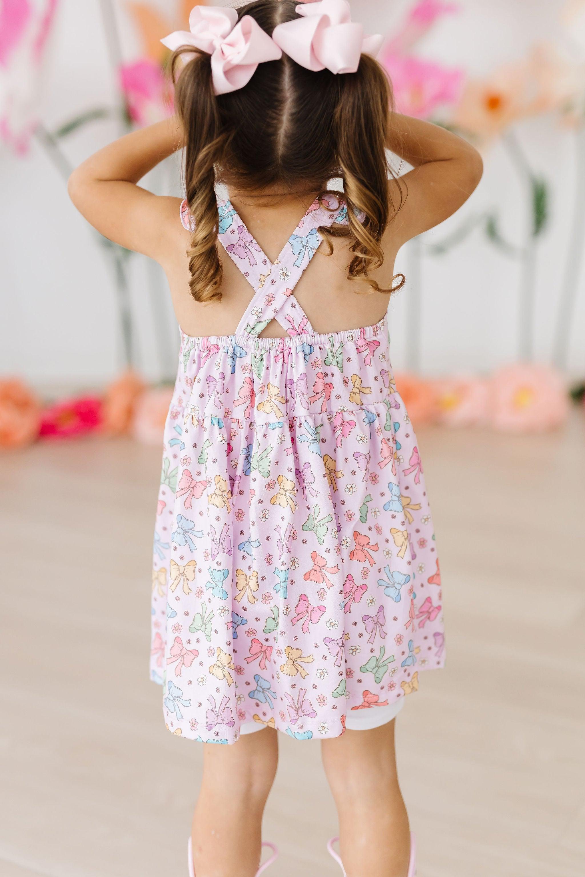 Springtime Bows Ruffle Cross Back Dress-Mila & Rose ®