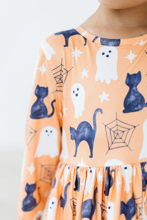 Spooky Kitty 3/4 Sleeve Pocket Twirl Dress-Mila & Rose ®
