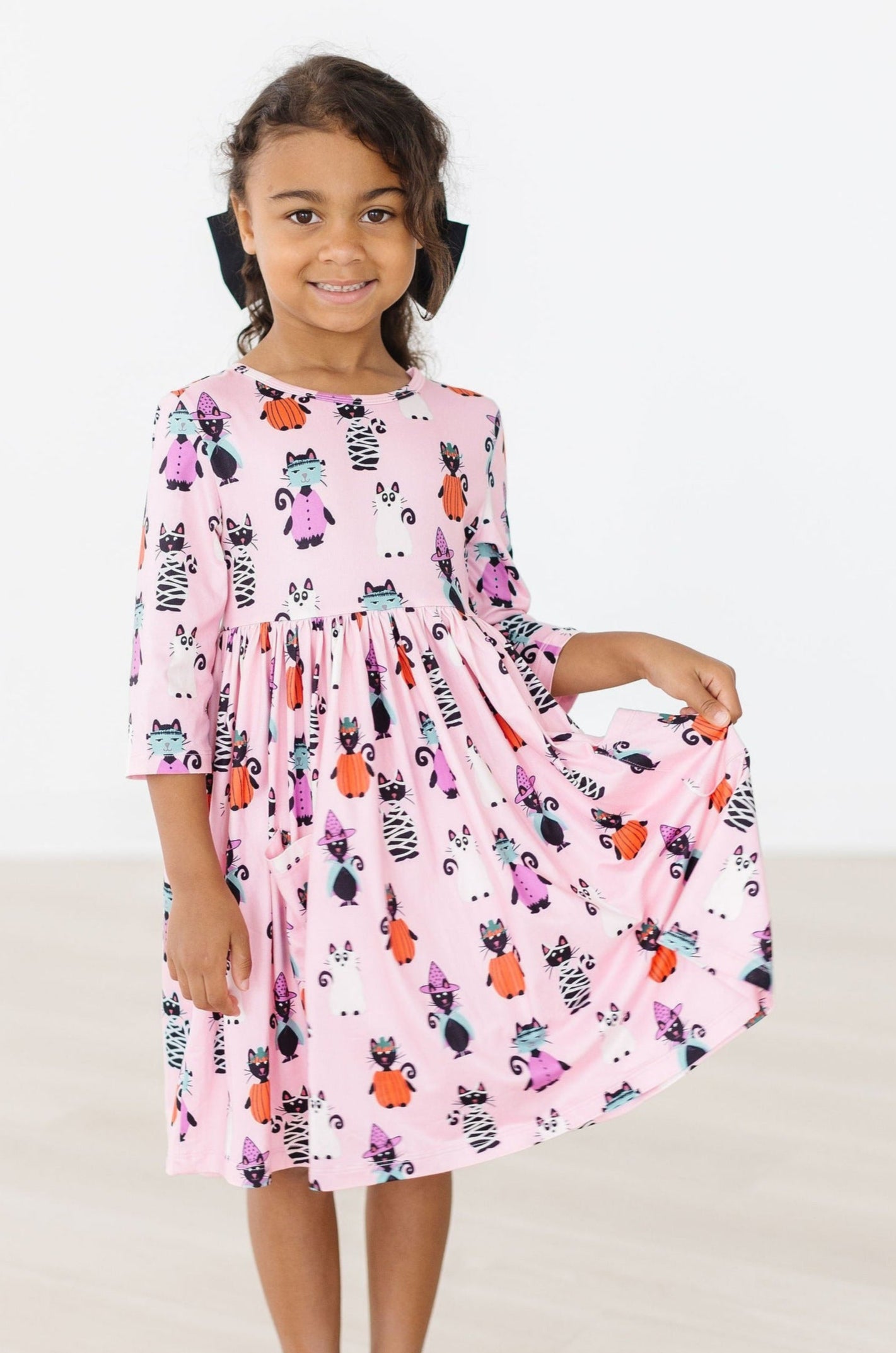 Purr-fectly Spooky 3/4 Sleeve Pocket Twirl Dress-Mila & Rose ®