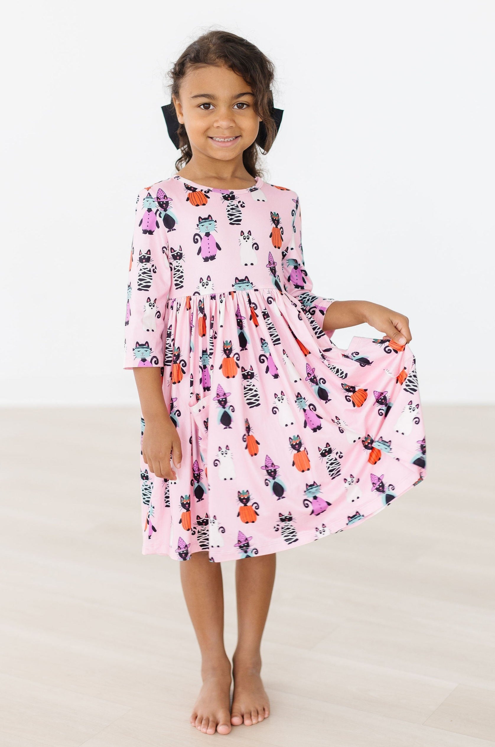 Purr fectly Spooky 3 4 Sleeve Pocket Twirl Dress
