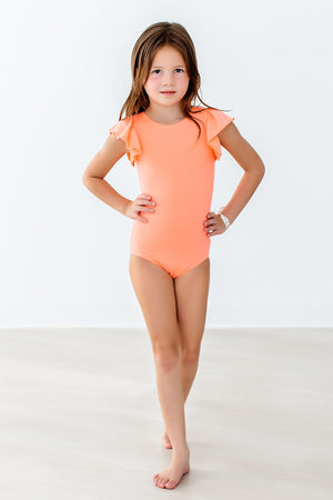 Neon Coral S/S Flutter Sleeve Leotard-Mila & Rose ®