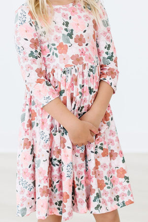 Pumpkin Floral 3/4 Sleeve Pocket Twirl Dress-Mila & Rose ®