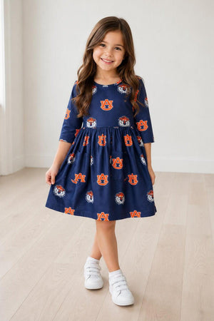 Auburn Blue Aubie 3/4 Sleeve Pocket Twirl Dress-Mila & Rose ®