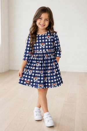 Auburn Plaid Aubie 3/4 Sleeve Pocket Twirl Dress-Mila & Rose ®