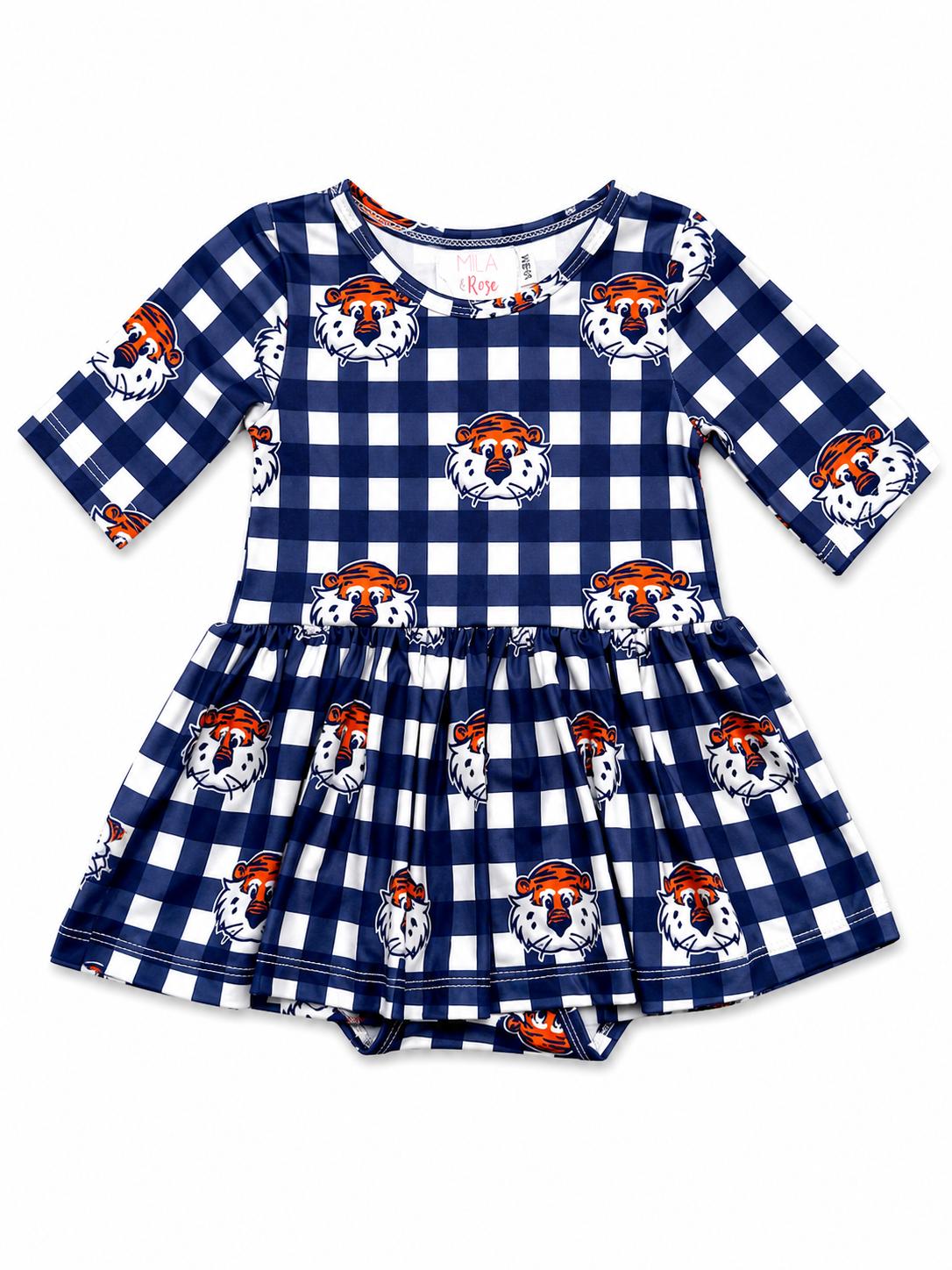 Auburn Plaid Aubie 3/4 Sleeve Twirl Bodysuit-Mila & Rose ®