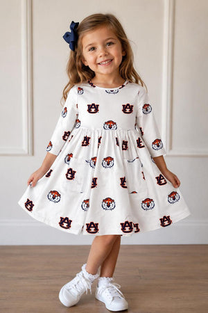 Auburn White Aubie 3/4 Sleeve Pocket Twirl Dress-Mila & Rose ®