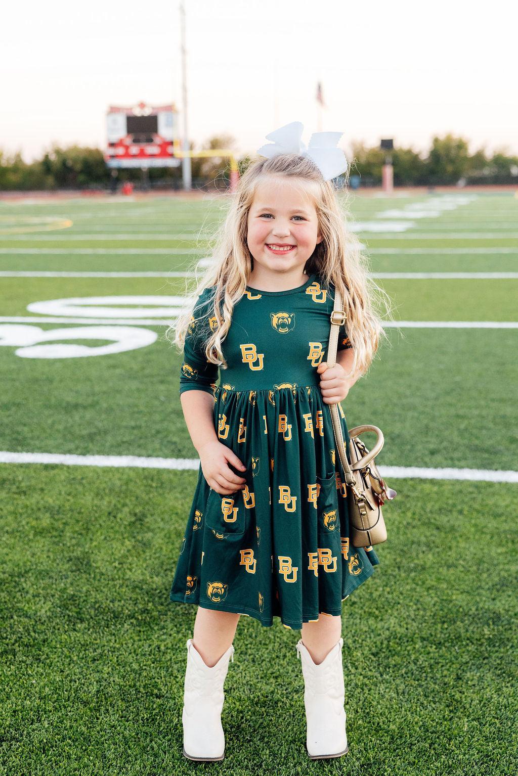 Baylor Green Bear 3/4 Sleeve Pocket Twirl Dress-Mila & Rose ®