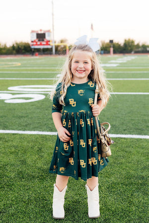 Baylor Green Bear 3/4 Sleeve Pocket Twirl Dress-Mila & Rose ®