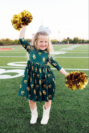 Baylor Green Bear 3/4 Sleeve Pocket Twirl Dress-Mila & Rose ®