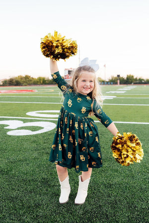 Baylor Green Bear 3/4 Sleeve Pocket Twirl Dress-Mila & Rose ®