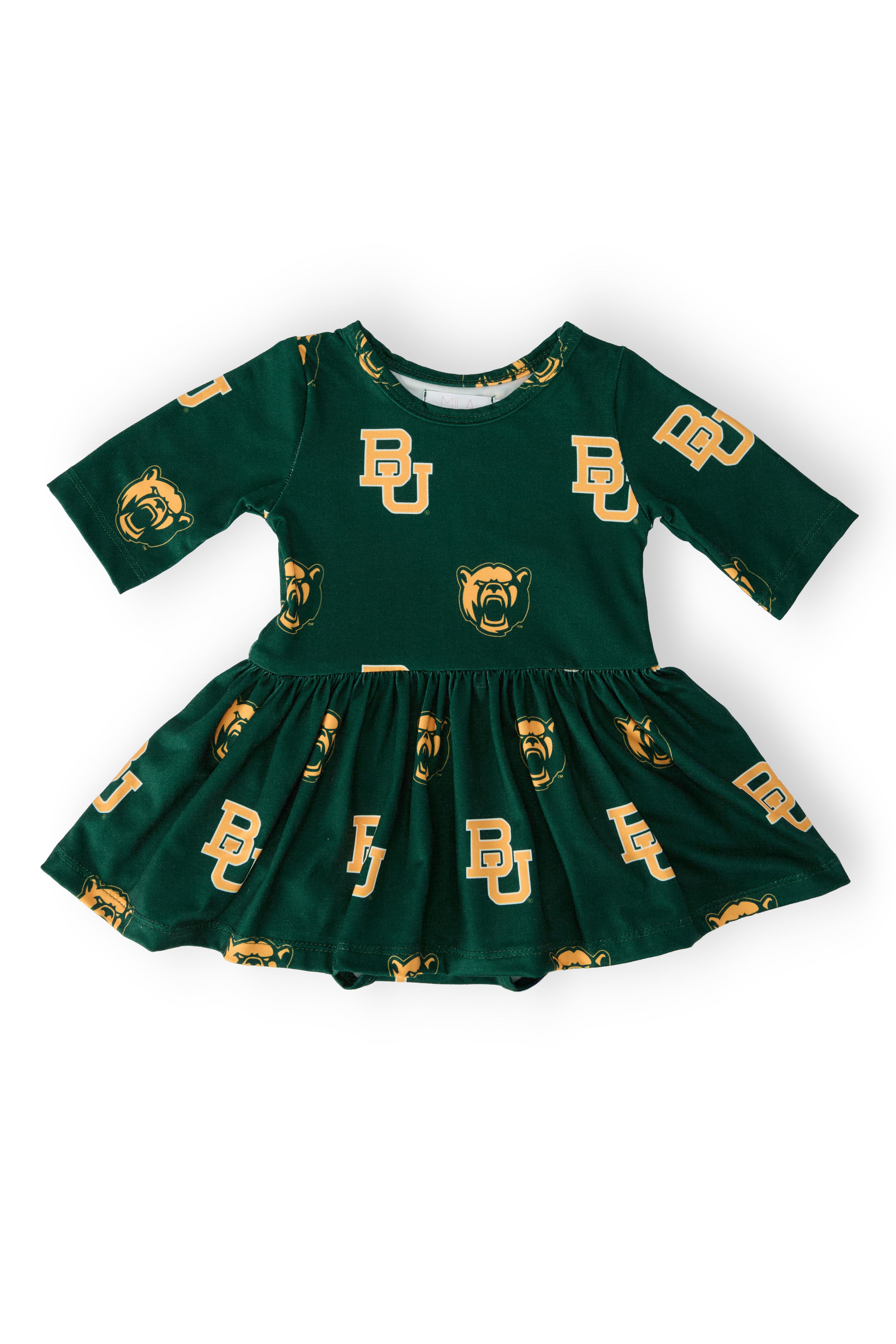 Baylor Green Bear 3/4 Sleeve Twirl Bodysuit-Mila & Rose ®