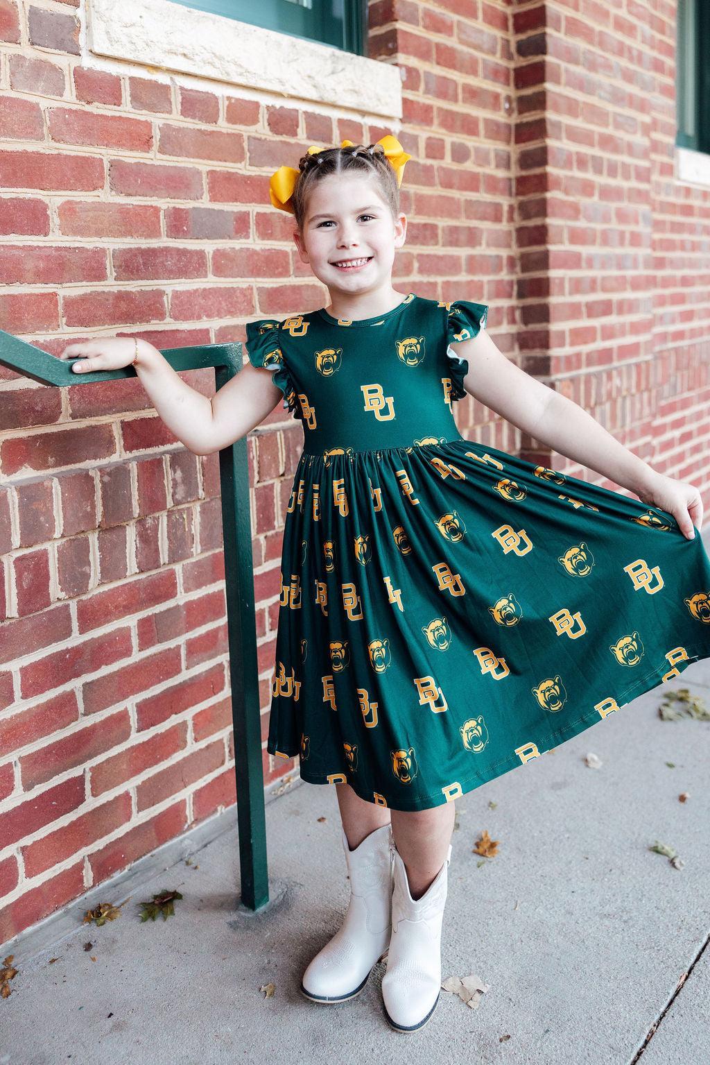 Baylor Green Bear Flutter Twirl Dress-Mila & Rose ®