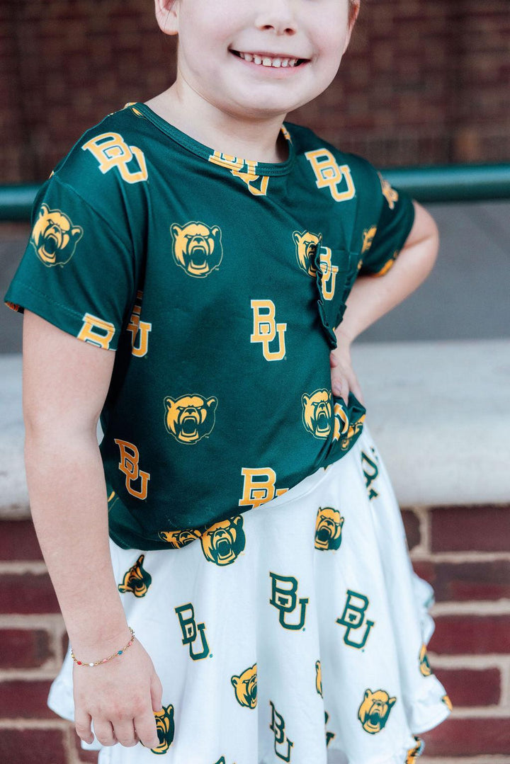 Baylor Green Bear Ruffle Pocket Tee-Mila & Rose ®