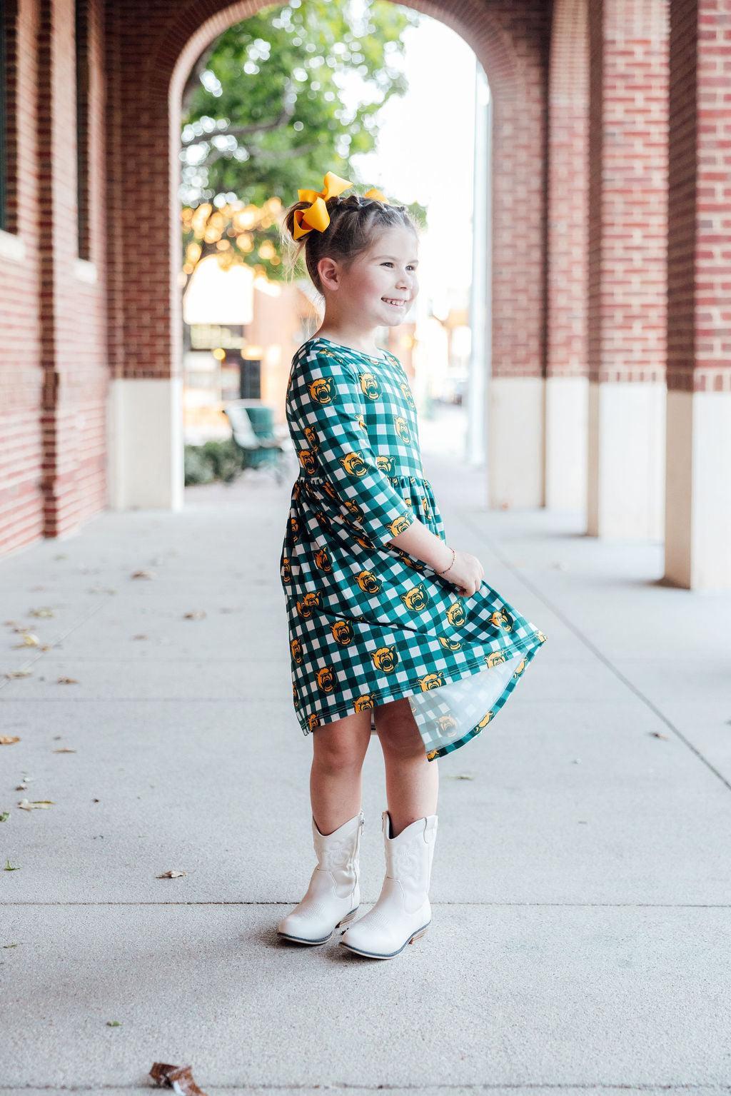 Baylor Plaid Bear 3/4 Sleeve Pocket Twirl Dress-Mila & Rose ®