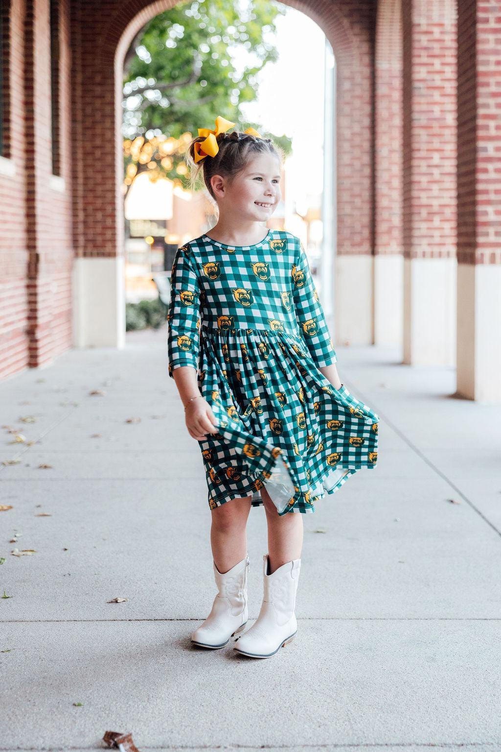 Baylor Plaid Bear 3/4 Sleeve Pocket Twirl Dress-Mila & Rose ®