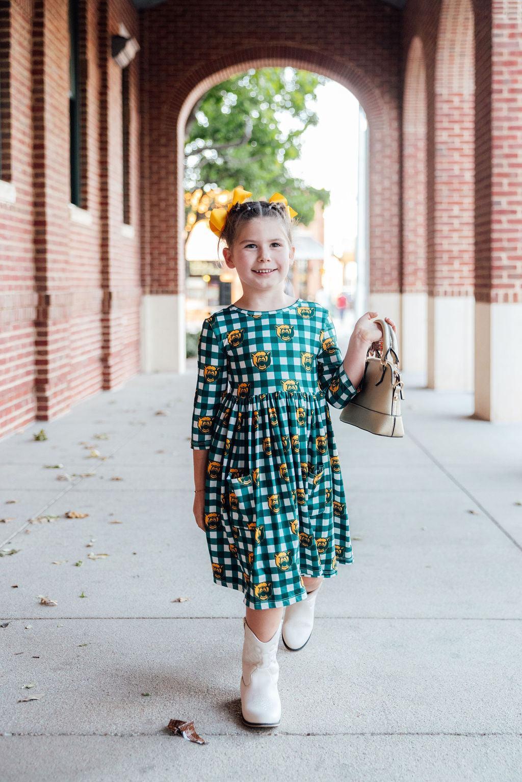 Baylor Plaid Bear 3/4 Sleeve Pocket Twirl Dress-Mila & Rose ®