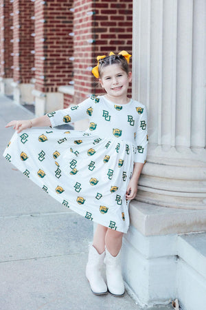 Baylor White Bear 3/4 Sleeve Pocket Twirl Dress-Mila & Rose ®