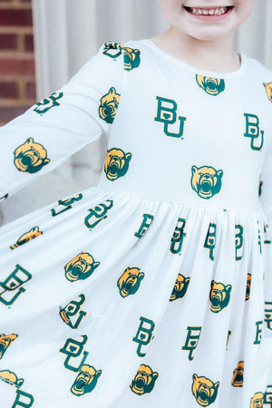 Baylor White Bear 3/4 Sleeve Pocket Twirl Dress-Mila & Rose ®