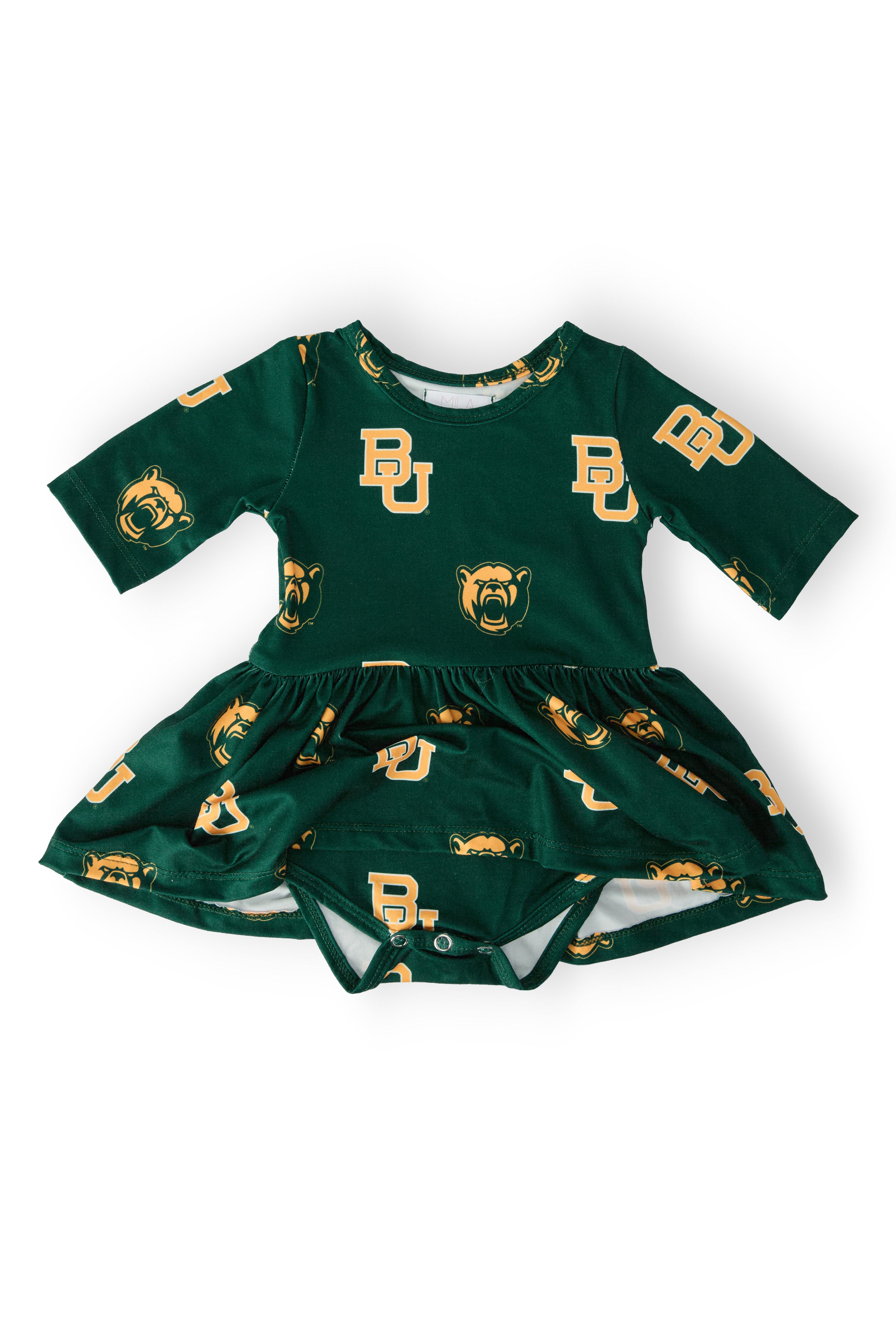 Baylor Green Bear 3/4 Sleeve Twirl Bodysuit-Mila & Rose ®