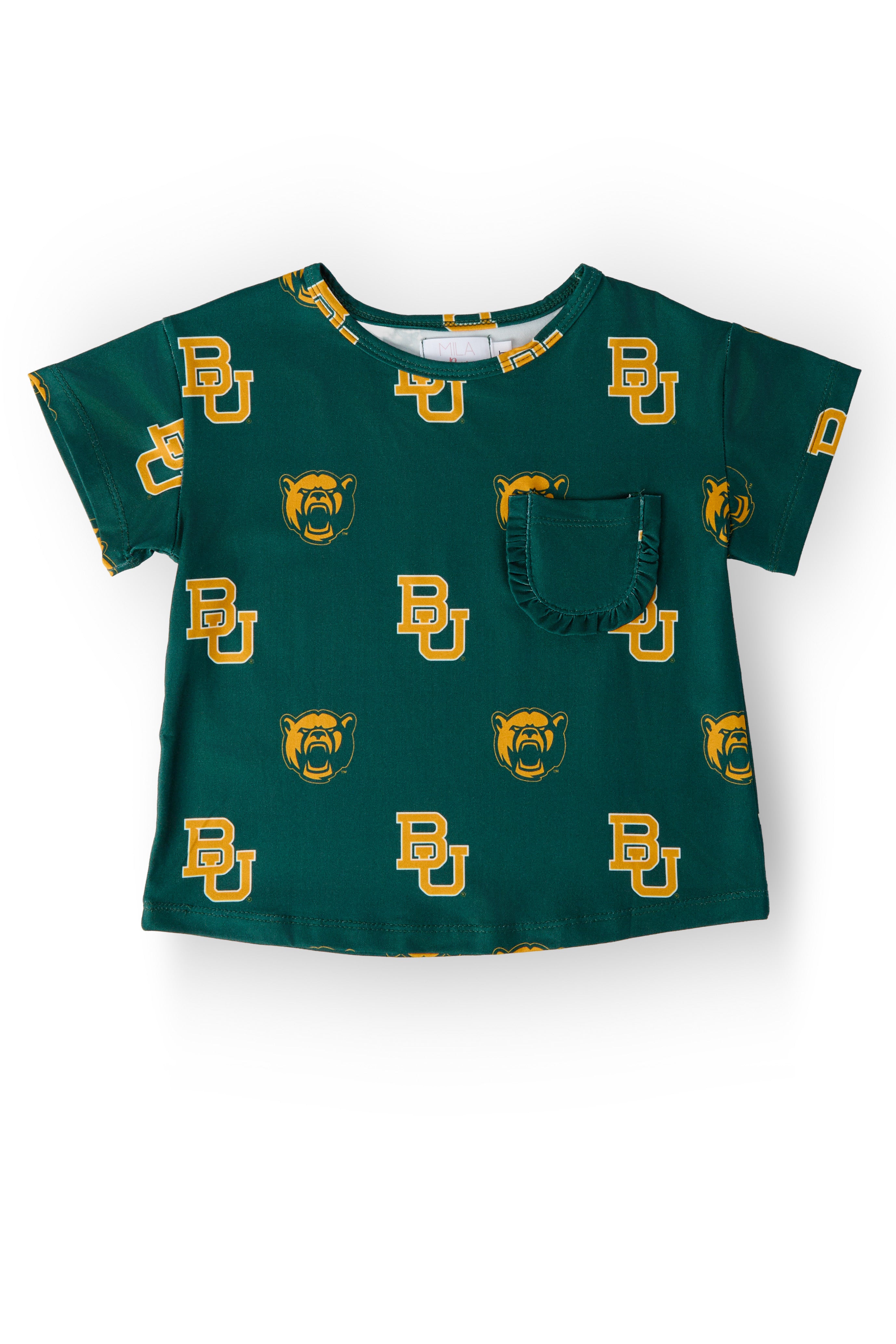 Baylor Green Bear Ruffle Pocket Tee-Mila & Rose ®