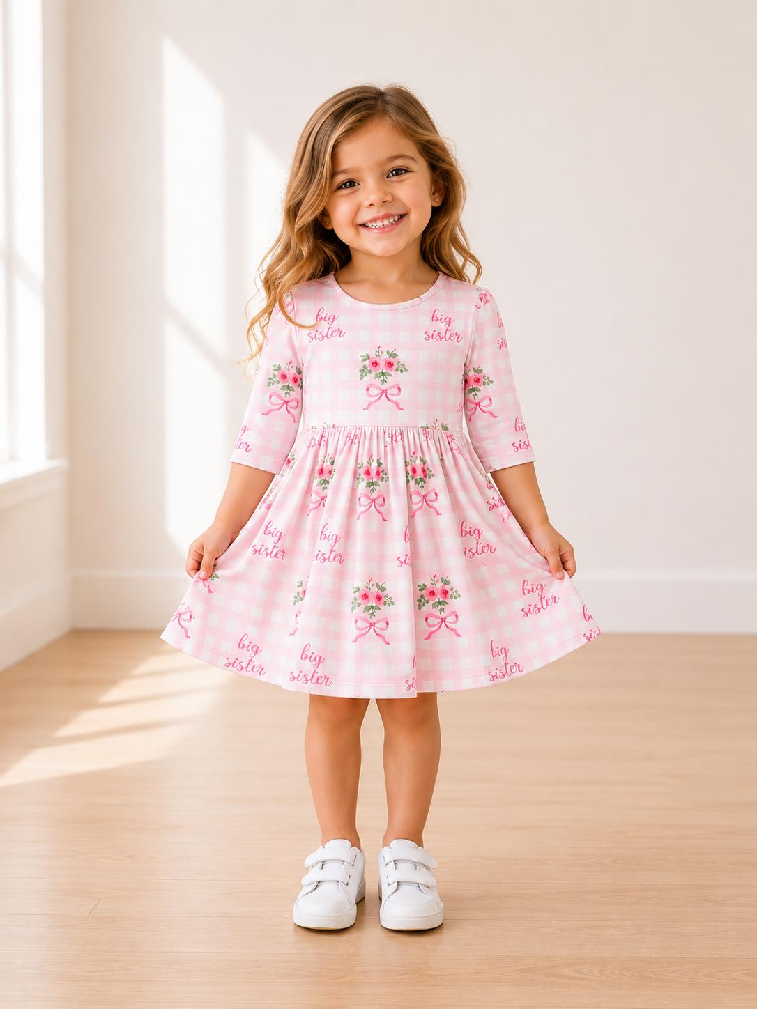 Big Sister Floral 3/4 Sleeve Pocket Twirl Dress-Mila & Rose ®