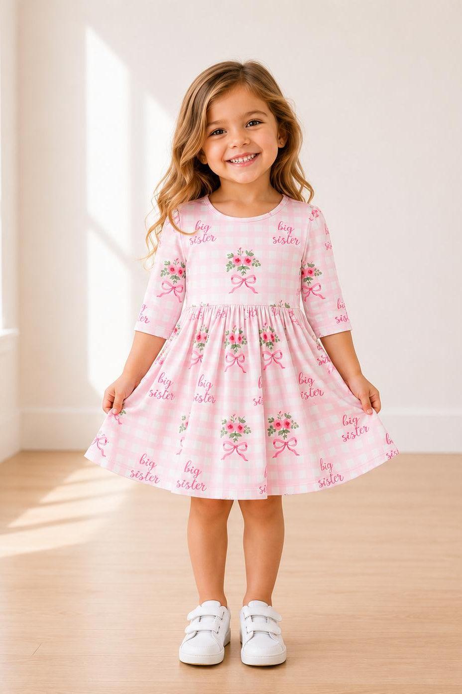 Big Sister Floral 3/4 Sleeve Pocket Twirl Dress-Mila & Rose ®