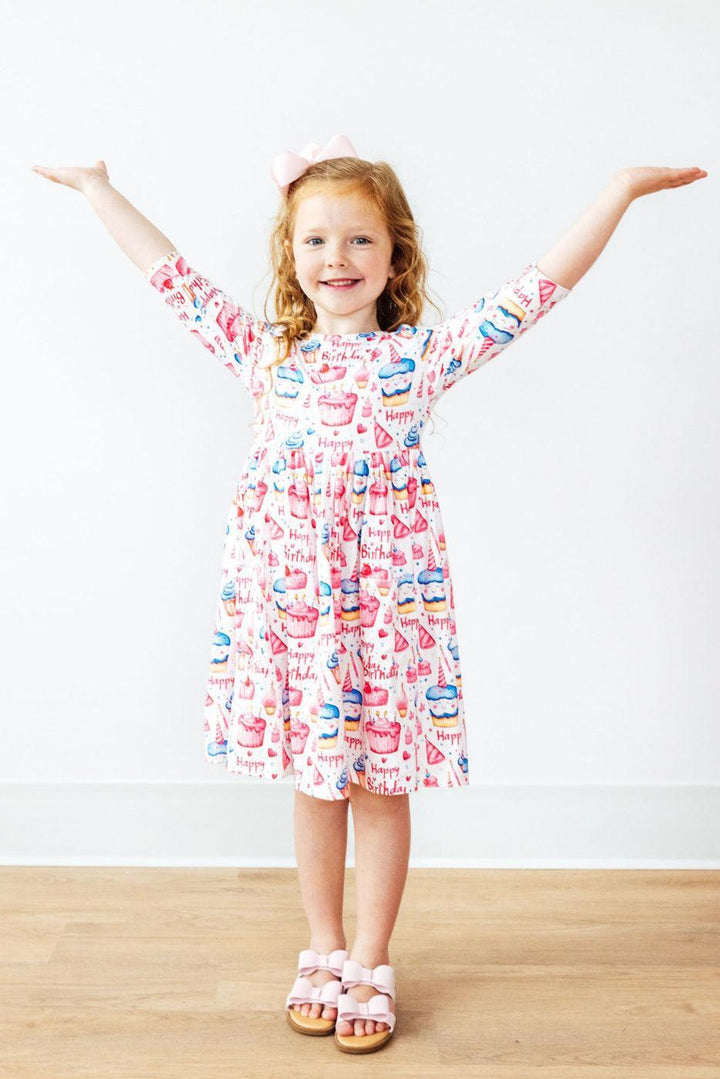 Birthday Girl 3/4 Sleeve Pocket Twirl Dress-Mila & Rose ®