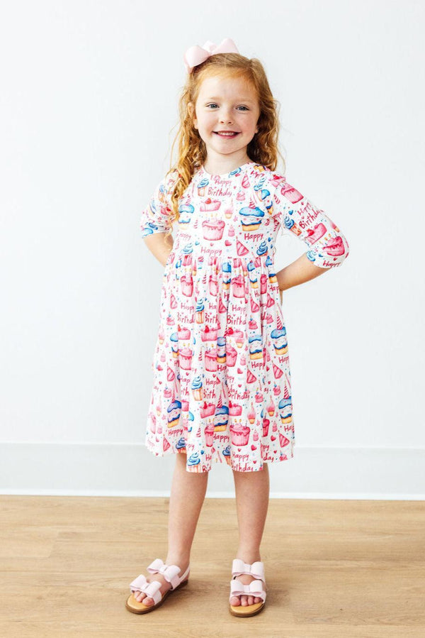 Light Hearted Girls Heart Print Twirl Dress 3/4 Sleeve
