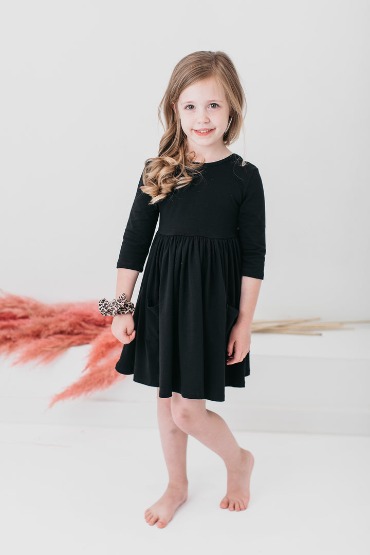 Black 3/4 Sleeve Pocket Twirl Dress-Mila & Rose ®