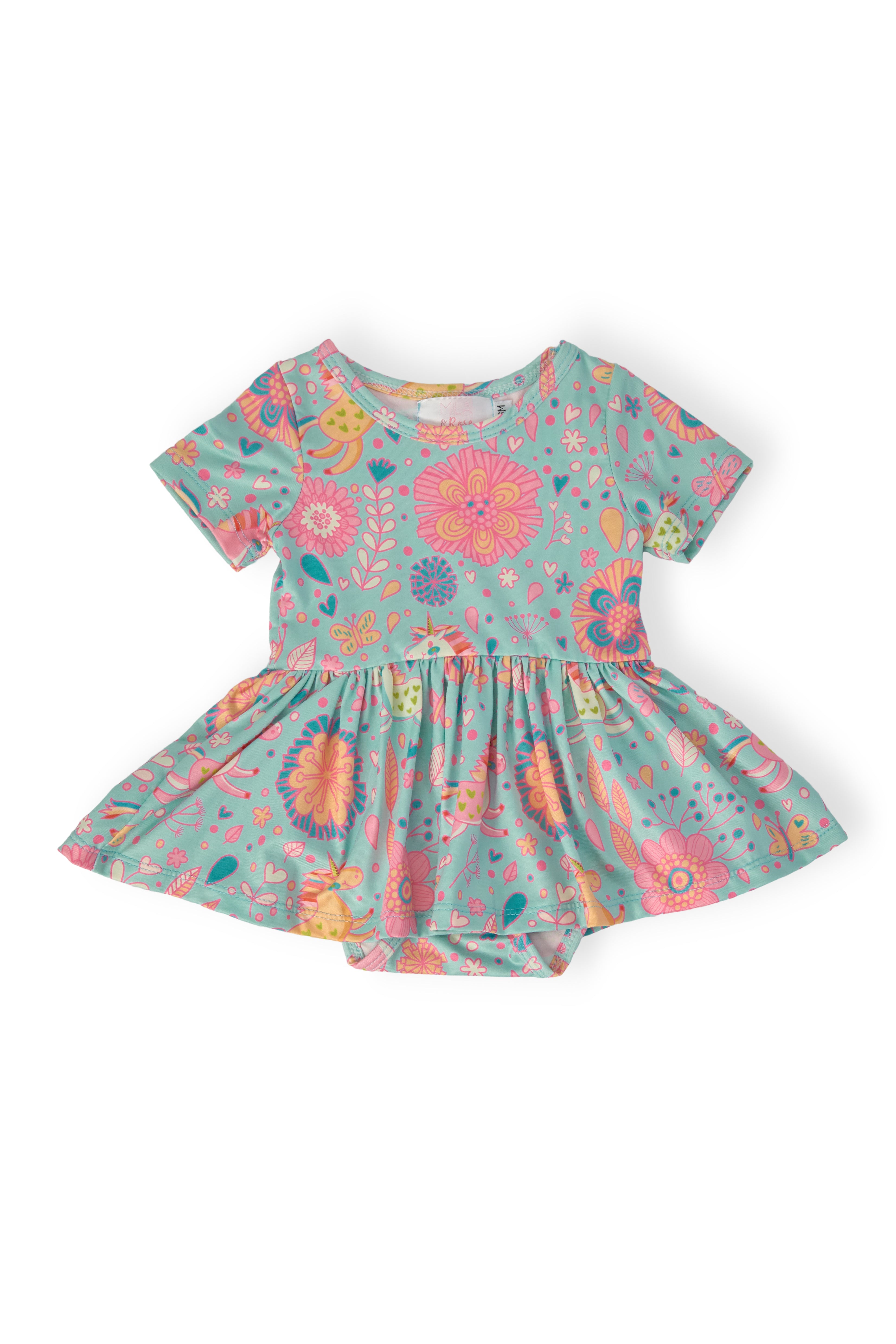 Blue Retro Unicorns S/S Twirl Bodysuit-Mila & Rose ®