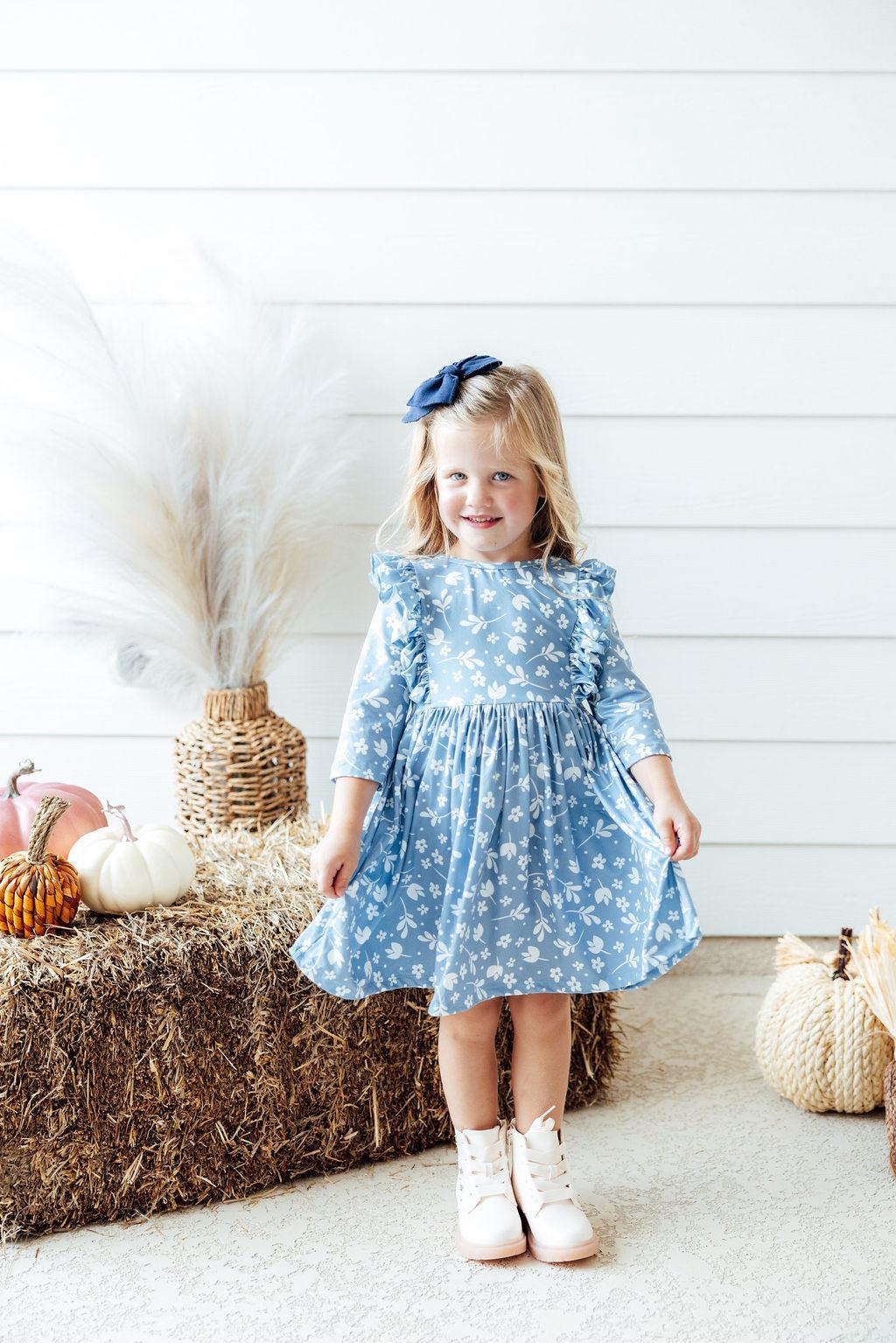 Cute 3t Blue Dress Fall Dresses For Girls 3t Toddler Long Sleeve Flower Tulle Ruffle Hem Cute 3t Blue Dress Fall Dresses For Girls 3t Toddler Long Sleeve Flower Tulle Ruffle Hem
