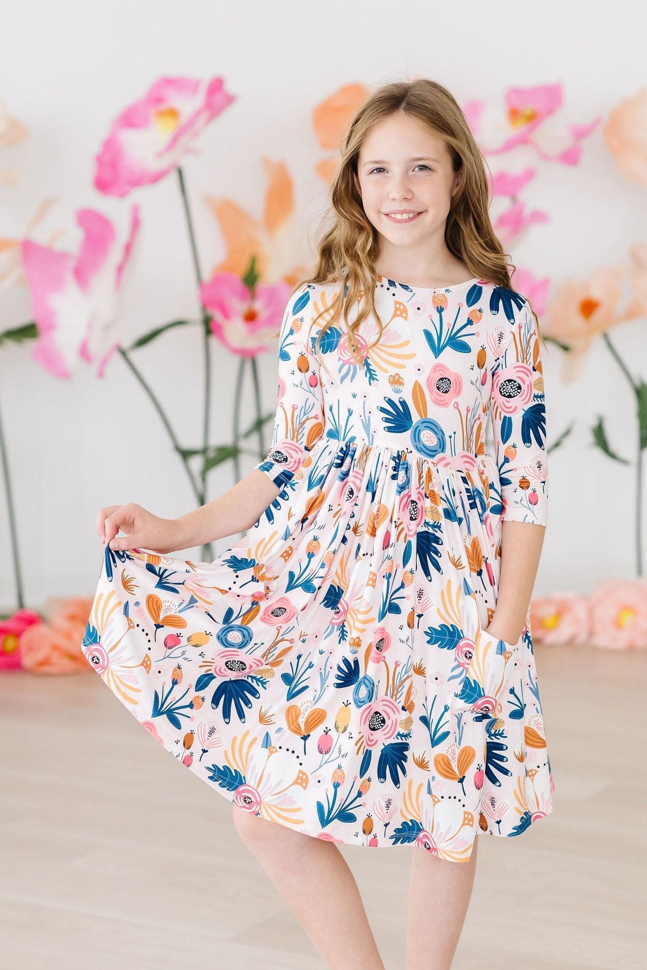 Girls' Blush Peony 3/4 Sleeve Pocket Twirl Dress Size: 3T Toddler By Mila & Rose Girls' Blush Peony 3/4 Sleeve Pocket Twirl Dress Size: 3T Toddler By Mila & Rose