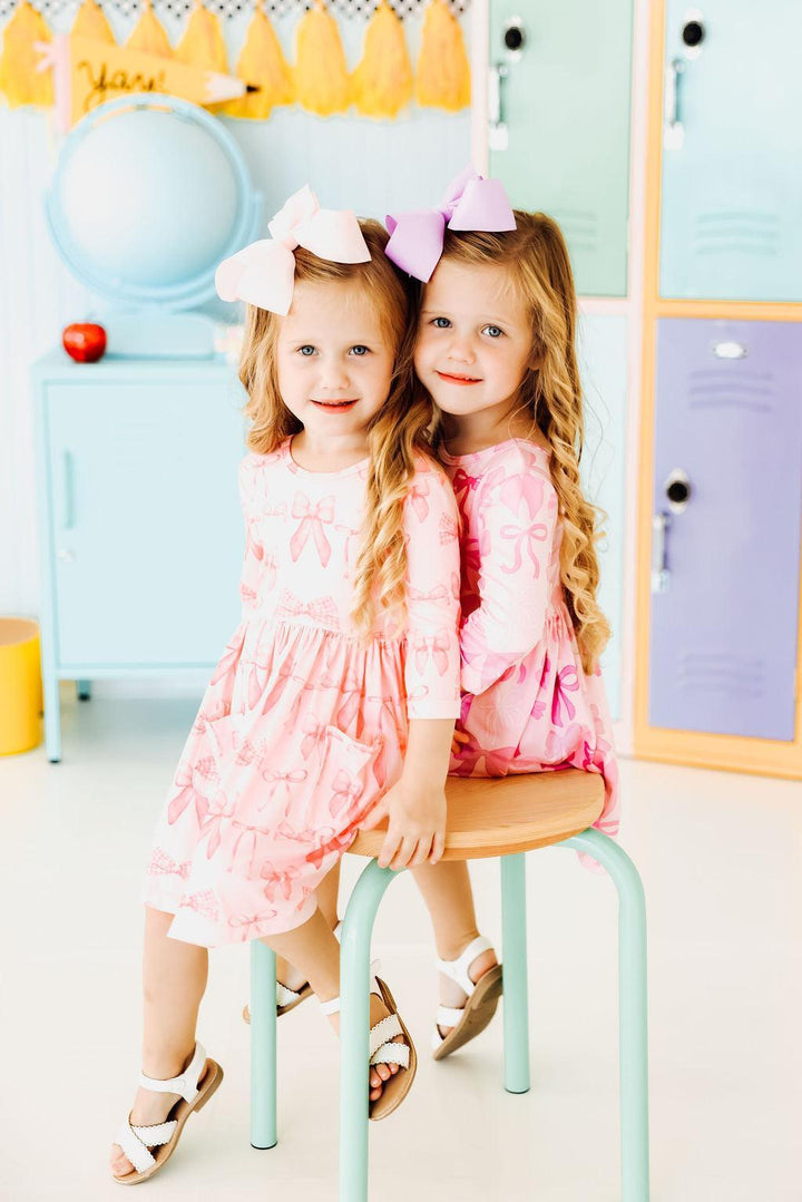 Blushing Bows 3/4 Sleeve Pocket Twirl Dress-Mila & Rose ®