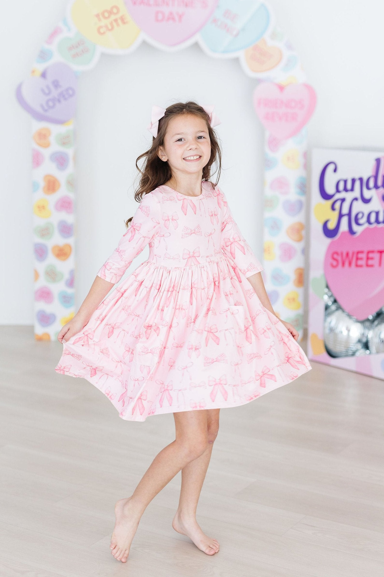 Girls' Blushing Bows 3/4 Sleeve Pocket Twirl Dress Size: 9/10 By Mila & Rose