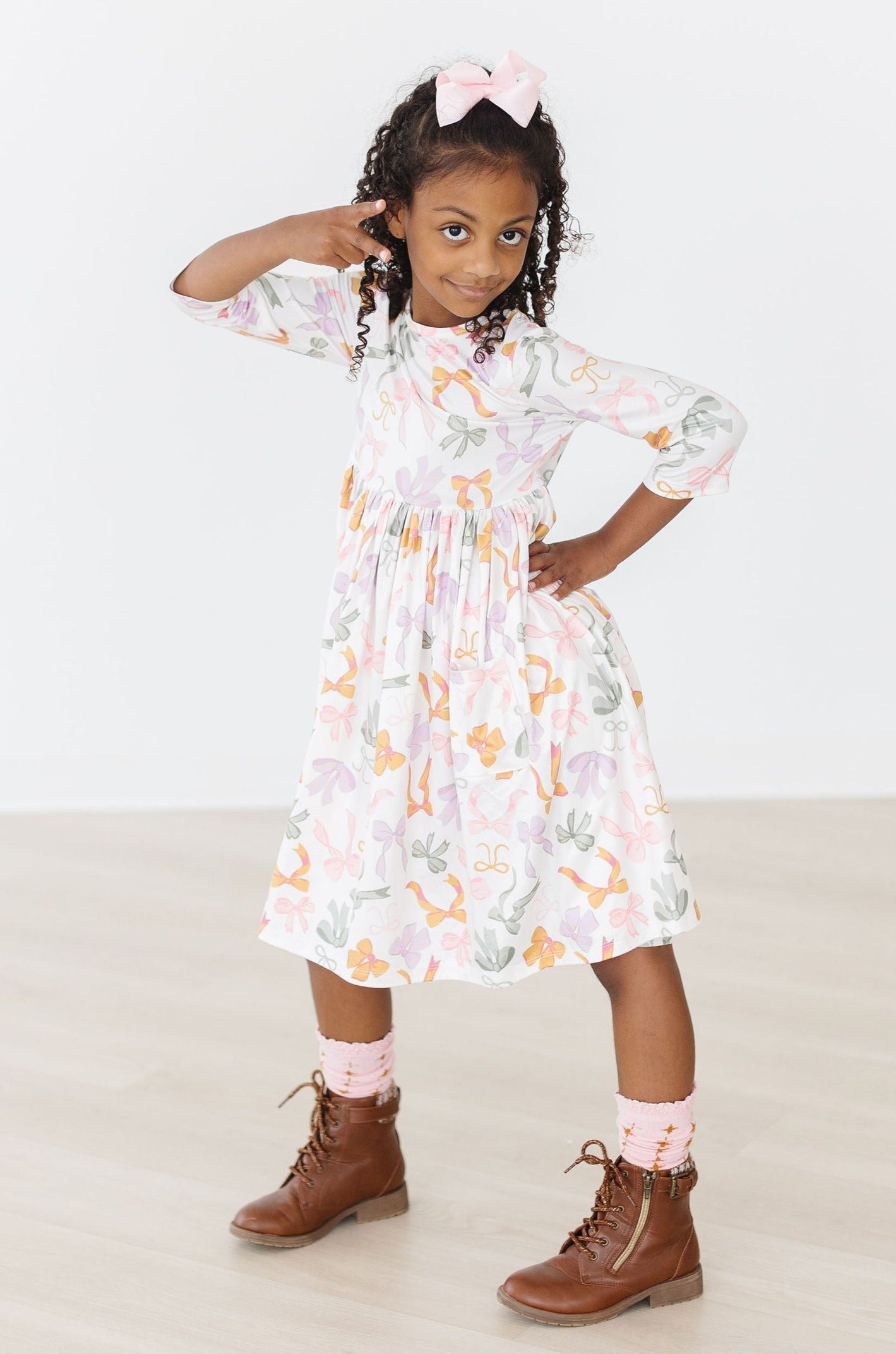 Boho Bows 3/4 Sleeve Pocket Twirl Dress-Mila & Rose ®