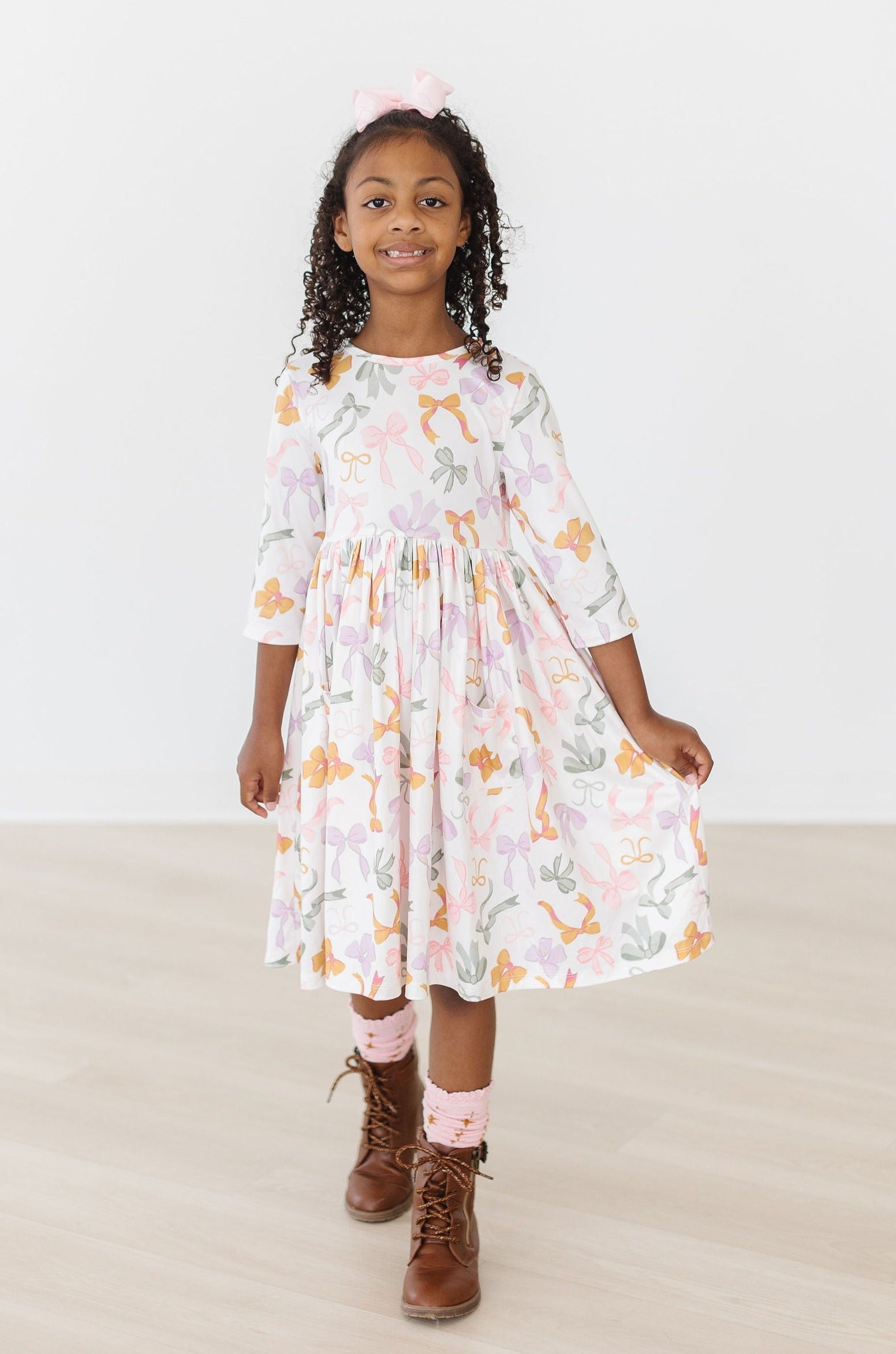 Boho Bows 3/4 Sleeve Pocket Twirl Dress-Mila & Rose ®