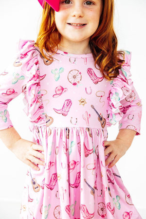 (S) Boot Scootin' 3/4 Sleeve Ruffle Twirl Dress-Mila & Rose ®
