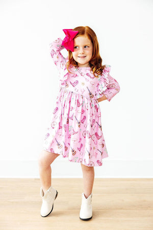 (S) Boot Scootin' 3/4 Sleeve Ruffle Twirl Dress-Mila & Rose ®