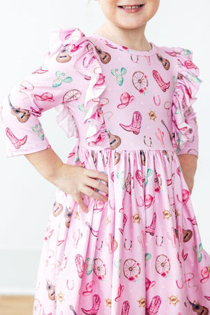 (S) Boot Scootin' 3/4 Sleeve Ruffle Twirl Dress-Mila & Rose ®