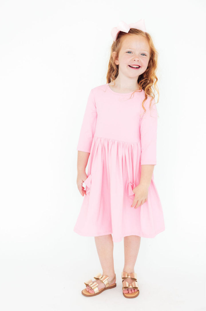 Bubblegum Pink 3/4 Sleeve Pocket Twirl Dress-Mila & Rose ®