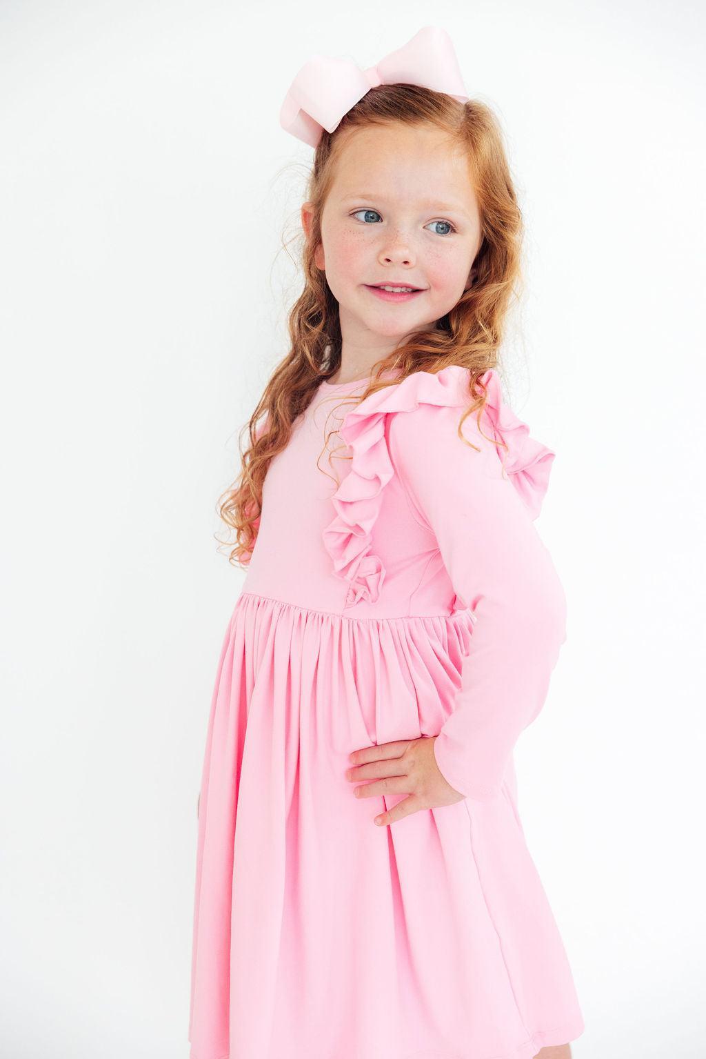 Bubblegum Pink L/S Ruffle Twirl Dress-Mila & Rose ®