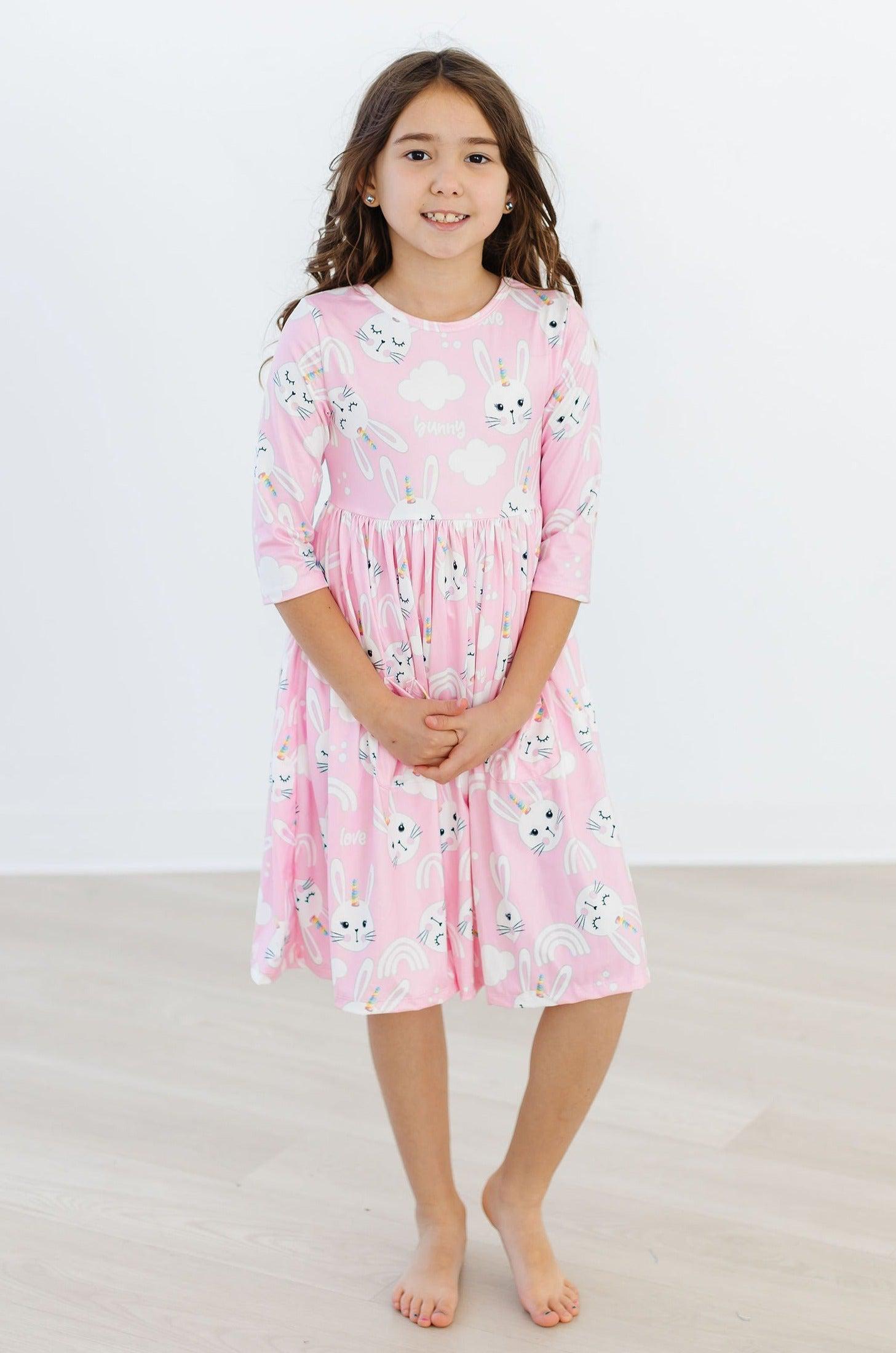 Bunny Love 3/4 Sleeve Pocket Twirl Dress-Mila & Rose ®