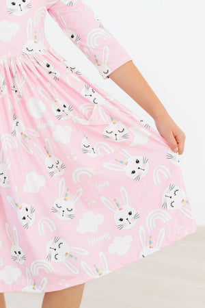 Girls' Bunny Love 3/4 Sleeve Pocket Twirl Dress Size: 3T Toddler by Mila & Rose Girls' Bunny Love 3/4 Sleeve Pocket Twirl Dress Size: 3T Toddler by Mila & Rose