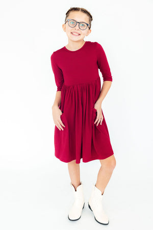 Burgundy 3/4 Sleeve Pocket Twirl Dress-Mila & Rose ®